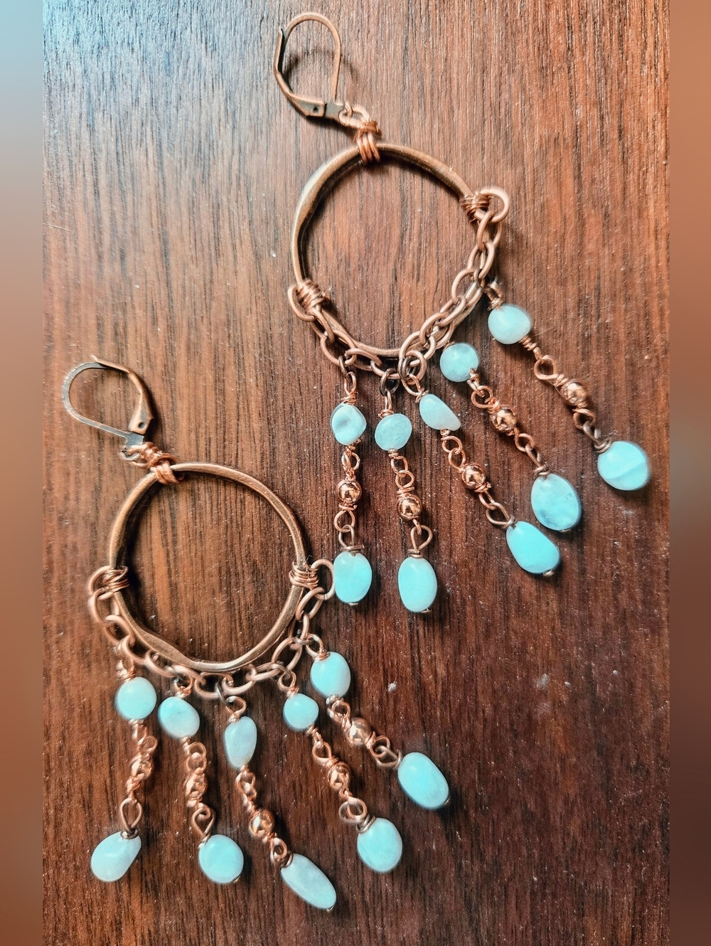 Natural Green Angelite In Artisan Chandelier In Antique Copper Earrings